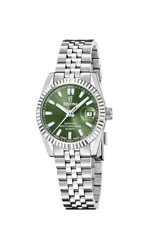 Festina Swiss Made Classic Steel F20087/5 dameur i 316L rustfrit stål med grøn urskive, safirglas, datovisning og 29 mm urkasse.