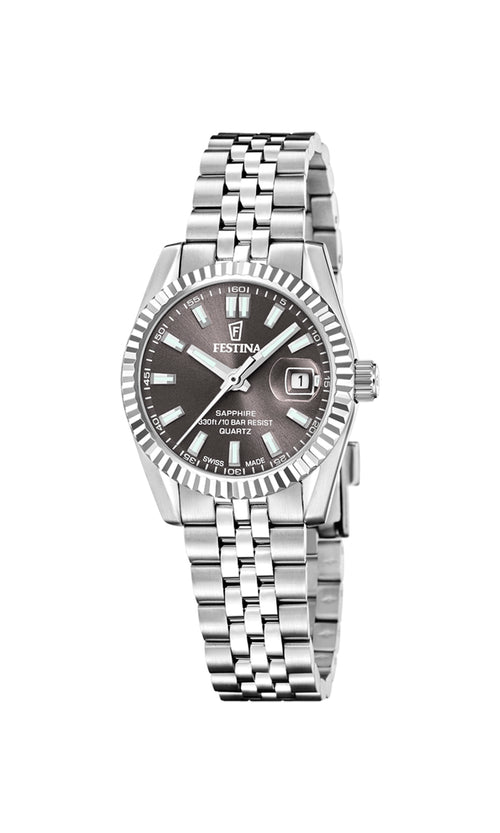 Festina Swiss Made Classic Steel F20087/6 dameur i 316L rustfrit stål med sort urskive, safirglas, datovisning og 29 mm urkasse.