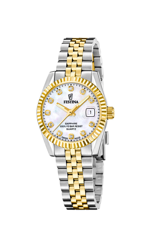 Festina Swiss Made Classic Steel F20088/1 dameur i bicolor 316L rustfrit stål med hvid perlemorsskive, safirglas og datovisning.
