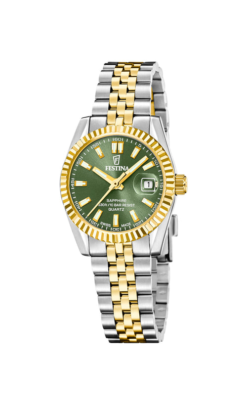 Festina Swiss Made Classic Steel F20088/4 dameur i bicolor 316L rustfrit stål med grøn urskive, safirglas og datovisning.
