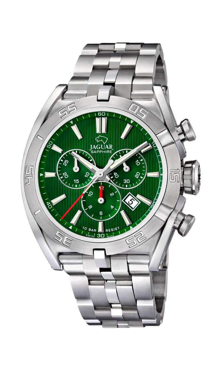 Jaguar J852/C Executive Chronograph herreur med grøn skive, stållænke, safirglas, kronograf og 10 ATM vandtæthed
