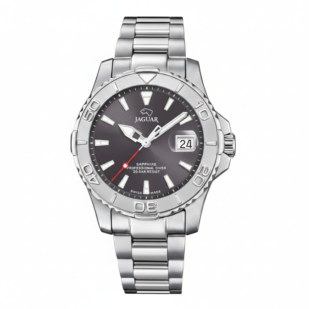 Jaguar J969/3 Unisex Executive Diver ur med grå skive, stållænke, safirglas og 20 ATM vandtæthed

