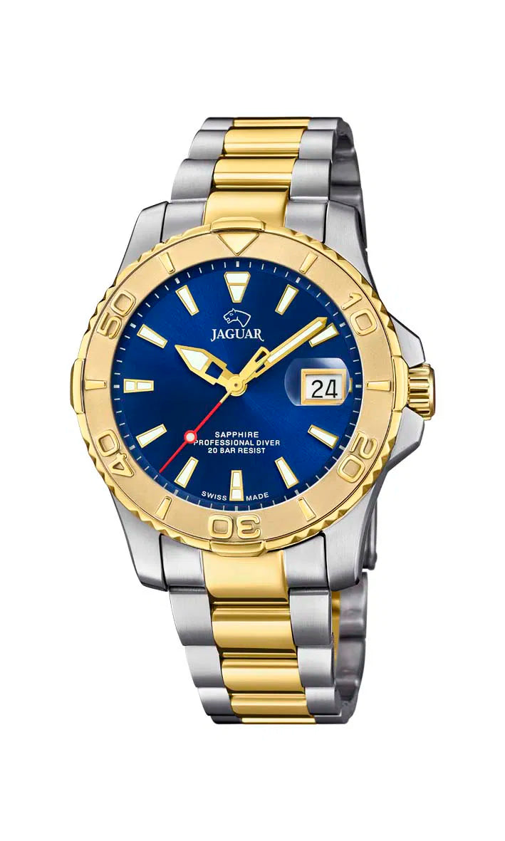 Jaguar J970/2 Unisex Executive Diver ur med blå skive, bicolor lænke, safirglas og 20 ATM vandtæthed
