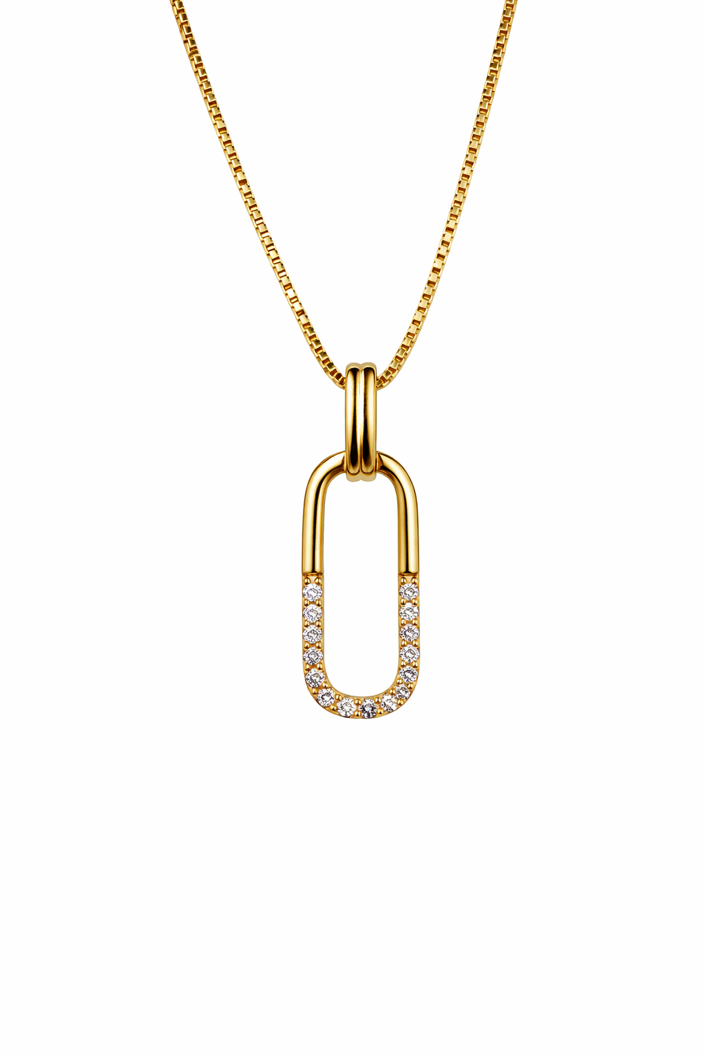 L&G Design vedhæng i 8 karat guld med zirkonia og forgyldt kæde i elegant aflangt design.