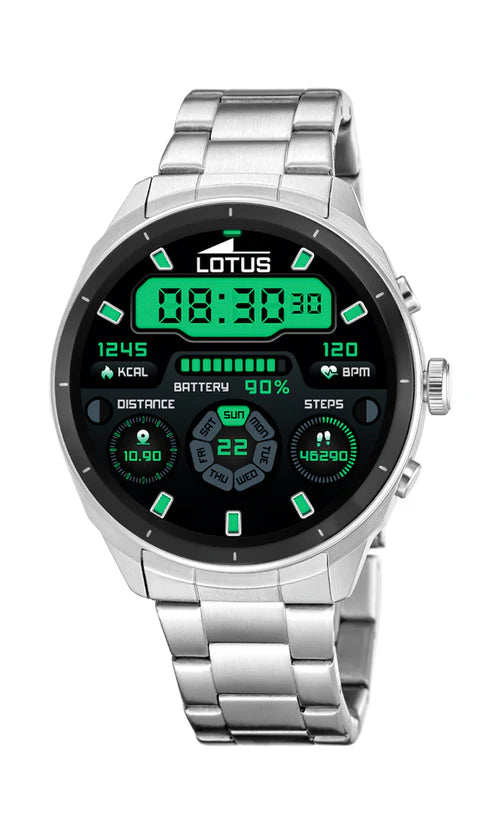 Lotus SmarTime 2nd Gen. 50206/1 smartwatch med stållænke, 1,43 tommer AMOLED-skærm, opkaldsfunktion, pulsmåling og IP65 vandafvisning.