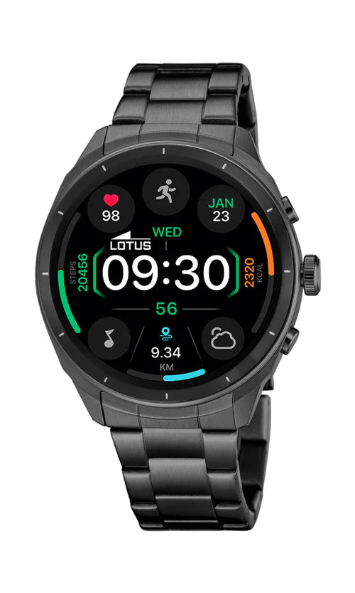 Lotus SmarTime 2nd Gen. 50207/1 smartwatch med sort lænke/rem, 1,43 tommer AMOLED-skærm, opkaldsfunktion, pulsmåling og IP65 vandafvisning.