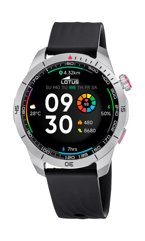 Lotus SmarTime 2nd Gen. 50208/1 smartwatch med sort rem, 1,43 tommer AMOLED-skærm, integreret GPS og IP65 vandafvisning.