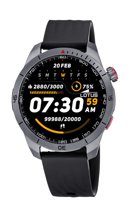 Lotus SmarTime 2nd Gen. 50209/1 smartwatch med sort rem, digital AMOLED-skærm, integreret GPS og IP65 vandafvisning.
