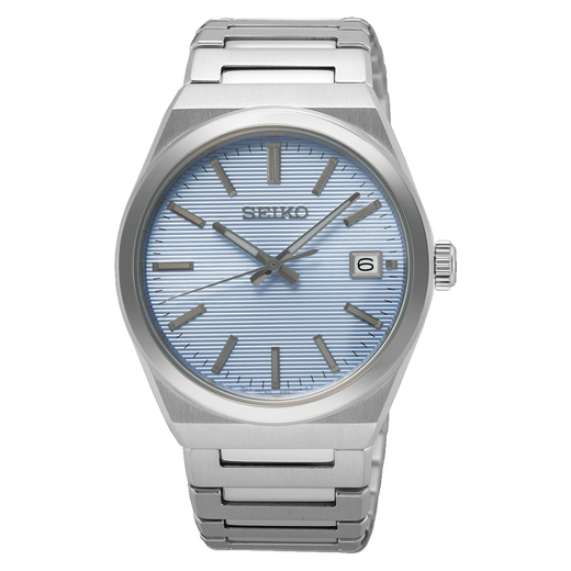 Seiko Classic SUR599P1 herreur med blå struktureret skive, safirglas, rustfri stålkasse, stållænke, LumiBrite og 10 bar vandtæthed.