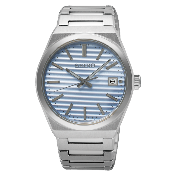 Seiko Classic SUR599P1 herreur med blå struktureret skive, safirglas, rustfri stålkasse, stållænke, LumiBrite og 10 bar vandtæthed.