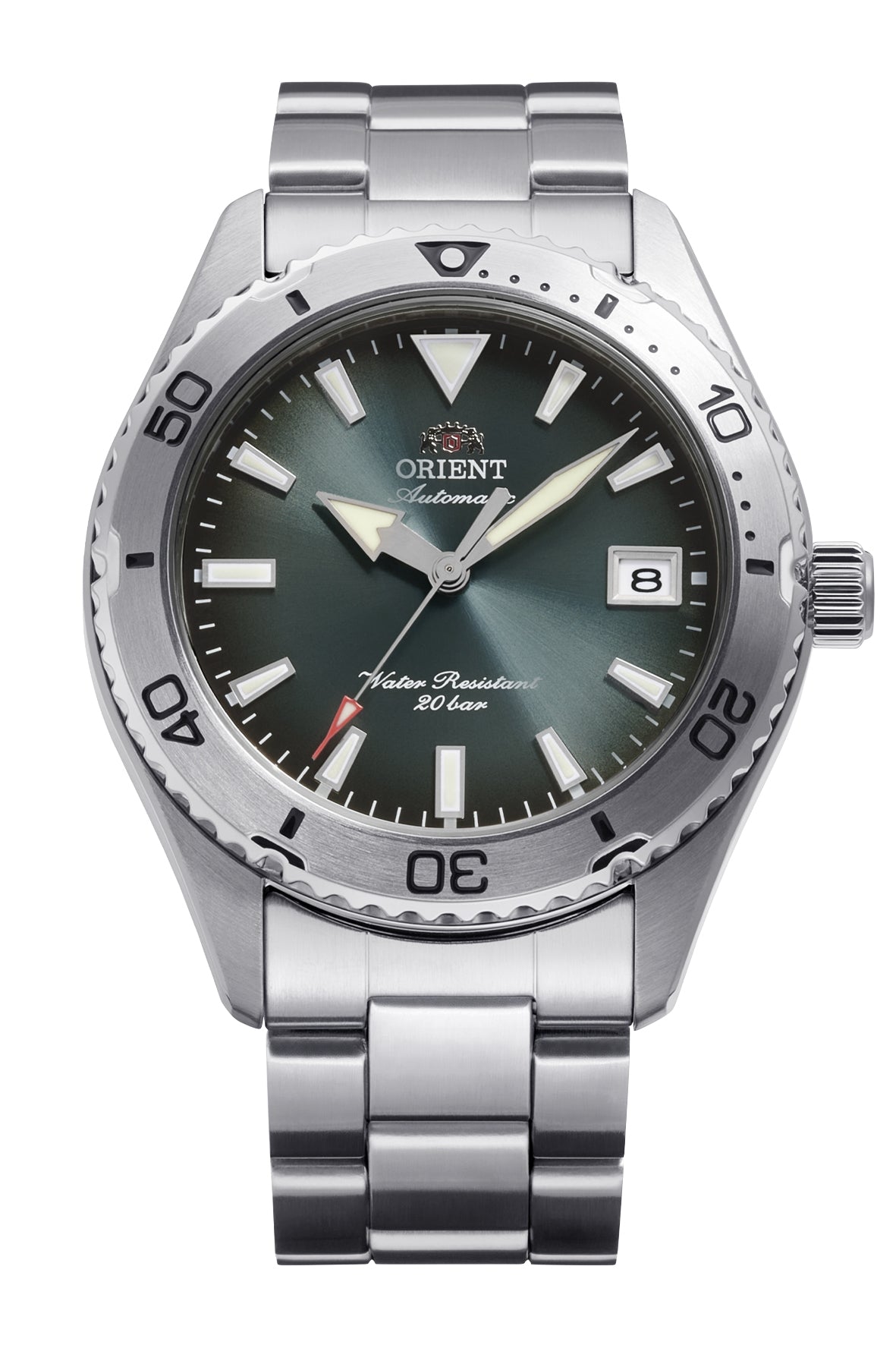 Orient Mako RA-AC0Q13E automatisk dykkerur med grøn urskive, rustfri stållænke, safirglas, kaliber F6722, dato og 20 ATM vandtæthed.