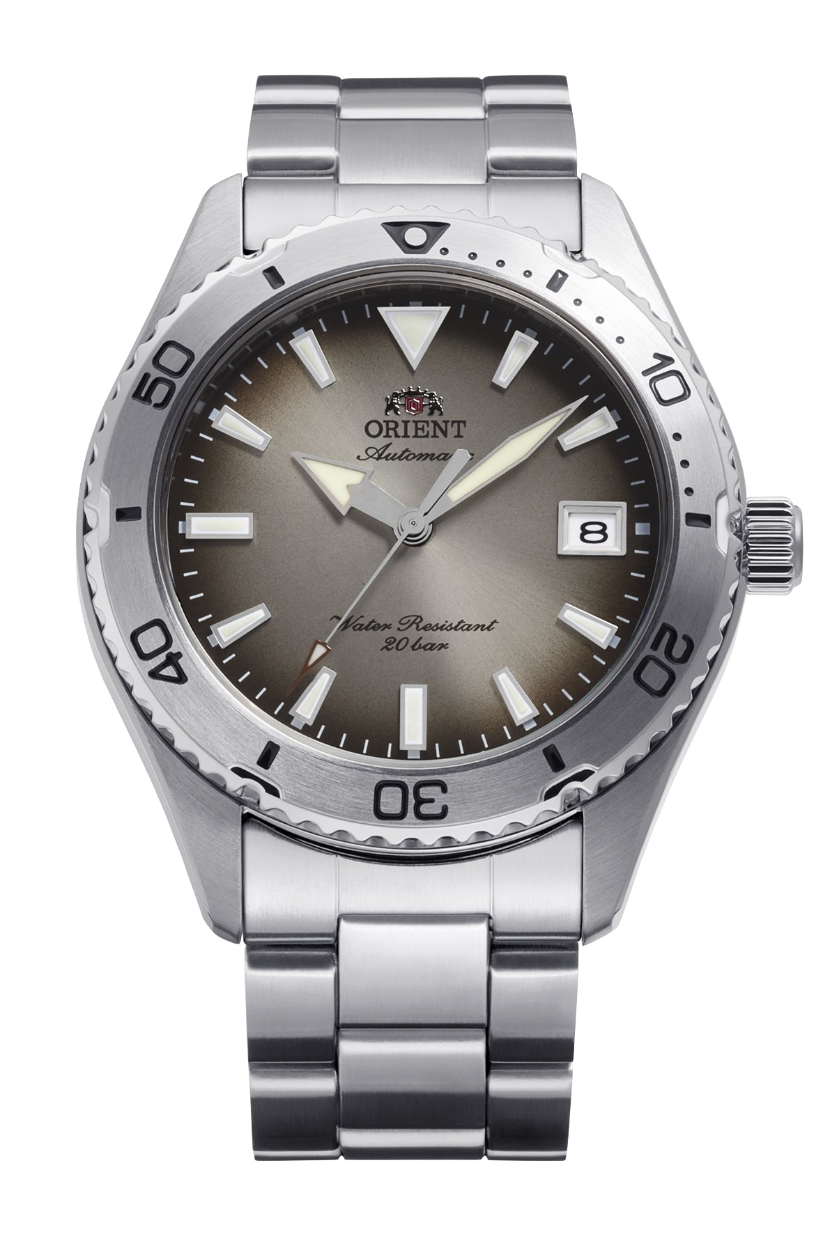 Orient Mako RA-AC0Q16N automatisk dykkerur med grå urskive, rustfri stållænke, safirglas, kaliber F6722, dato og 20 ATM vandtæthed.