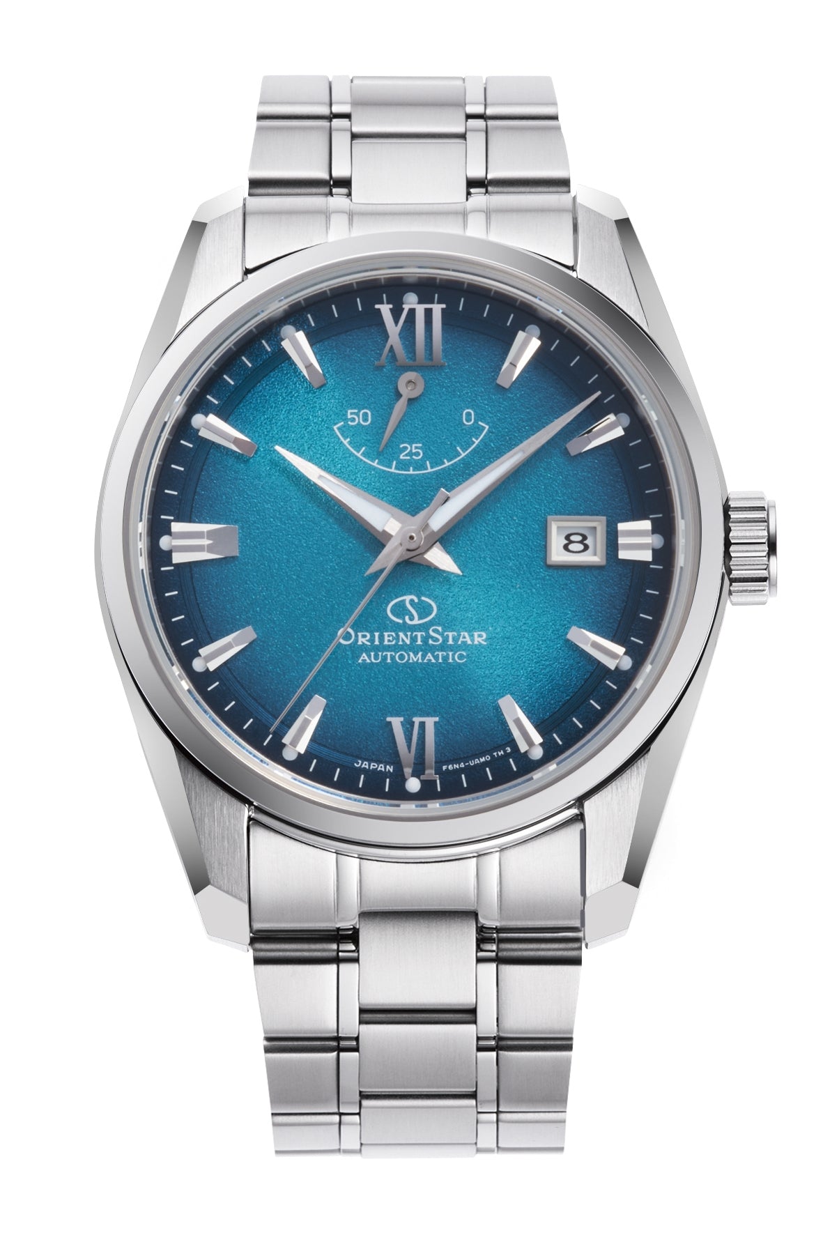 Orient Star Contemporary Date RE-AU0114E Limited Edition automatisk herreur med blå urskive, stållænke, safirglas, kaliber F6N43, power reserve, dato og 10 ATM vandtæthed.