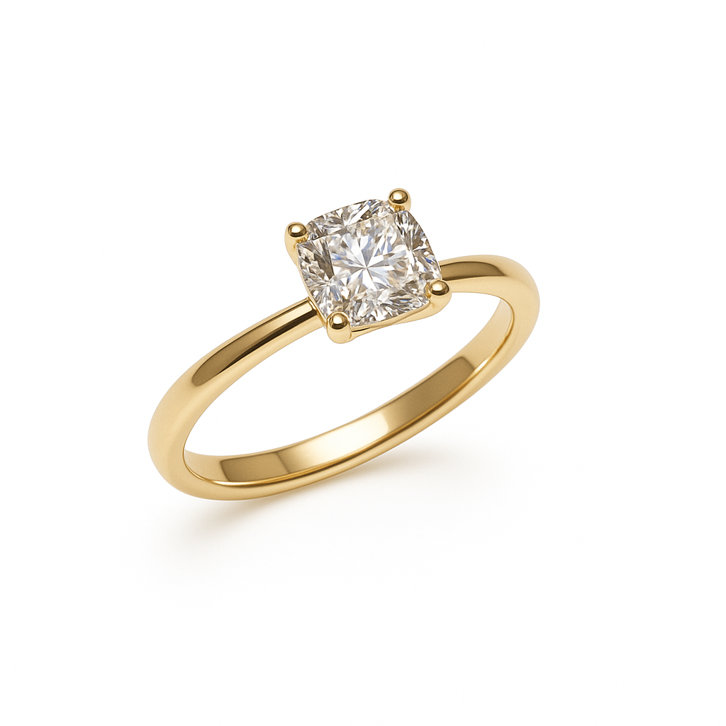 Solitaire ring i 14kt guld med 0,75 ct cushion cut labgrown diamant fra ALMA Collection. Elegant blank skinnende ringskinne og centreret firkantet diamant i klassisk dansk design.