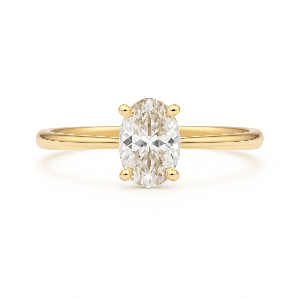 Solitaire ring i 14kt guld med 0,25 ct oval cut labgrown diamant fra ALMA Collection. Frontvisning med blankpoleret ringskinne og centreret oval diamant i dansk design.