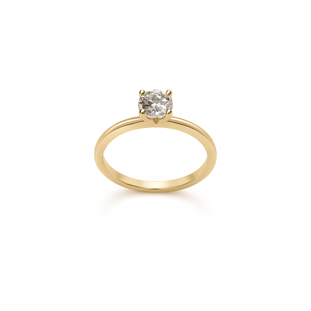Solitaire ring i 14kt guld med round cut labgrown diamant fra ALMA Collection. Elegant frontvisning med blankpoleret ringskinne og centreret diamant i dansk design.