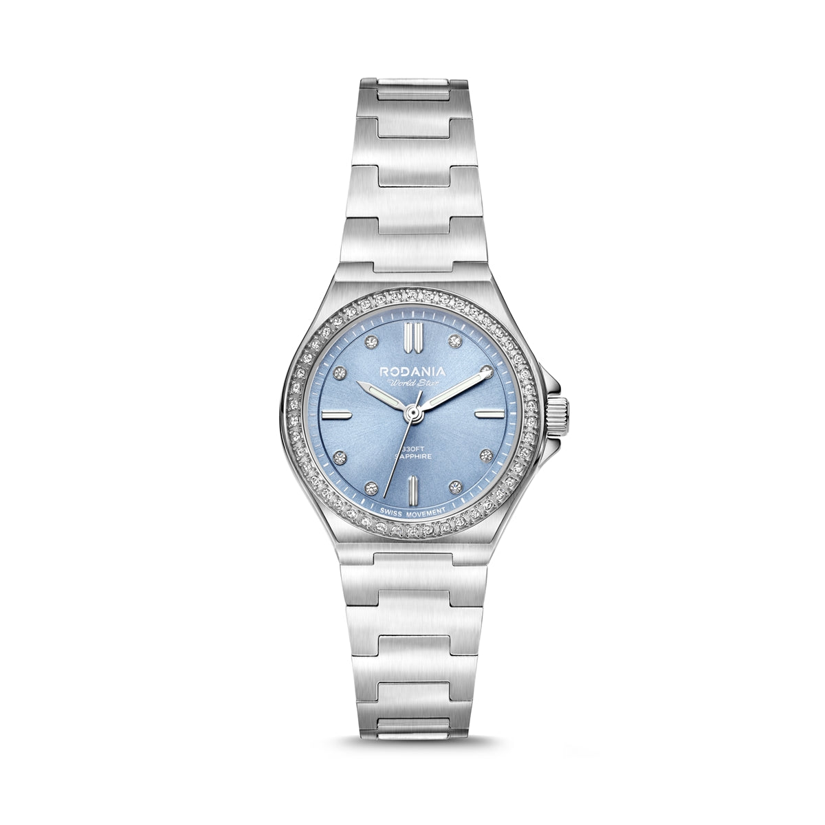 Rodania Worldstar Sparkle R74015 dameur med blå urskive, sølvfarvet urkasse på 30 mm, stållænke, schweizisk kvartsurværk, safirglas og 10 ATM vandtæthed.