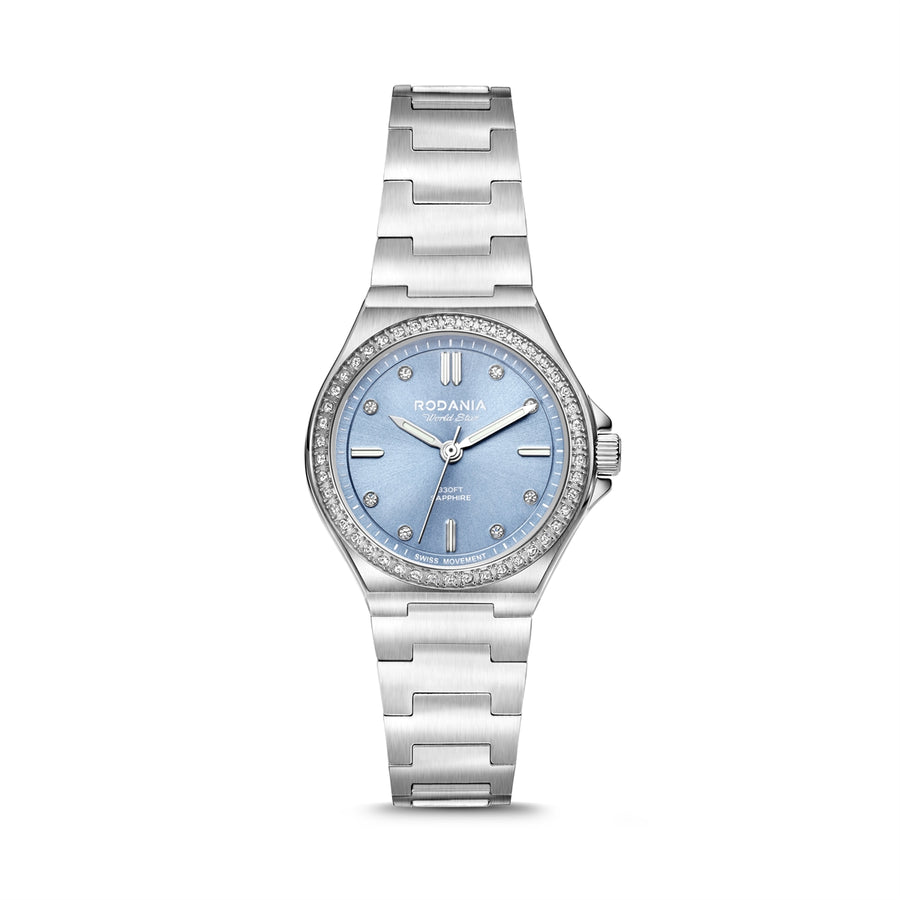 Rodania Worldstar Sparkle R74015 dameur med blå urskive, sølvfarvet urkasse på 30 mm, stållænke, schweizisk kvartsurværk, safirglas og 10 ATM vandtæthed.