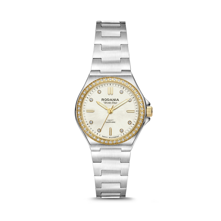 Rodania Worldstar Sparkle R74016 dameur med perlemorsurskive, sølvfarvet urkasse på 30 mm, stållænke i rustfrit stål, schweizisk kvartsurværk, safirglas og 10 ATM vandtæthed.