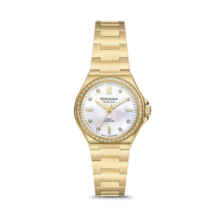 Rodania Worldstar Sparkle R74017 dameur med perlemorsurskive, guldfarvet urkasse på 30 mm, guldfarvet stållænke, schweizisk kvartsurværk, safirglas og 10 ATM vandtæthed.