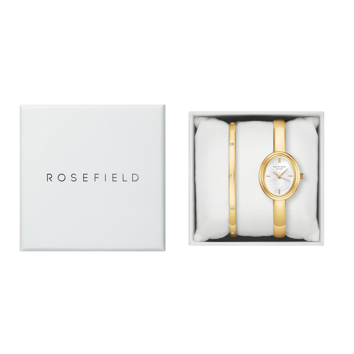 Rosefield Gift Sets BWGCG-X293 dameur med perlemorsskive, guldfarvet stållænke, Miyota urværk, mineralglas og 3 ATM vandtæthed.