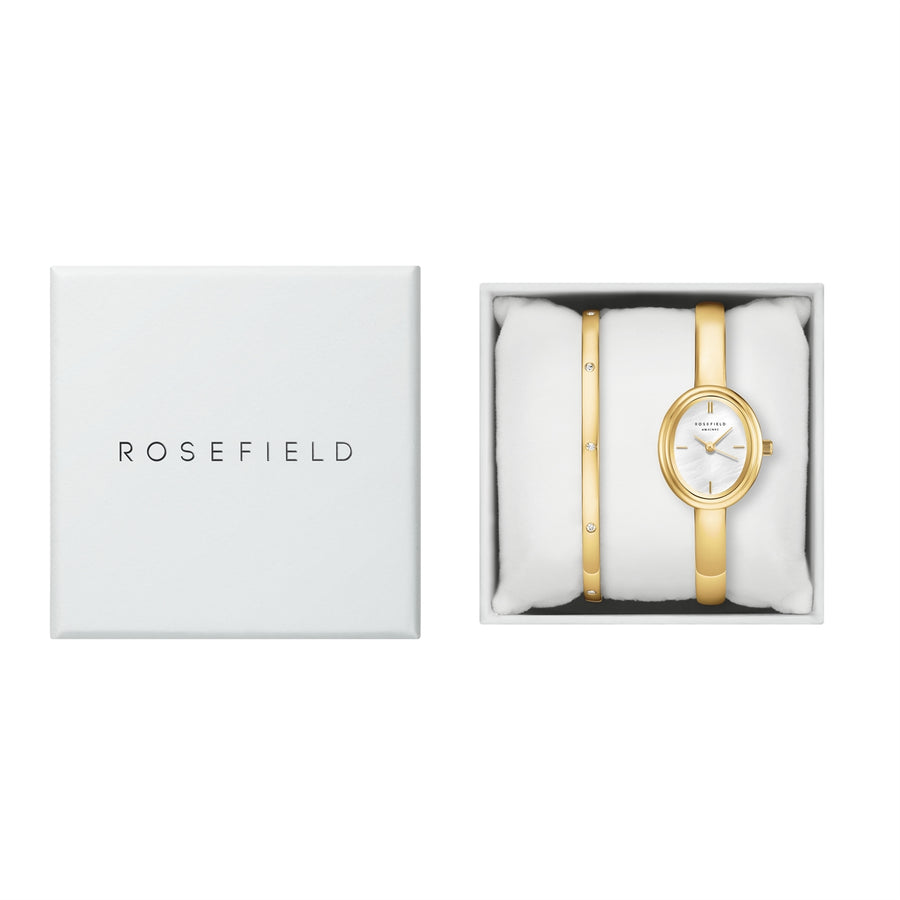 Rosefield Gift Sets BWGCG-X293 dameur med perlemorsskive, guldfarvet stållænke, Miyota urværk, mineralglas og 3 ATM vandtæthed.