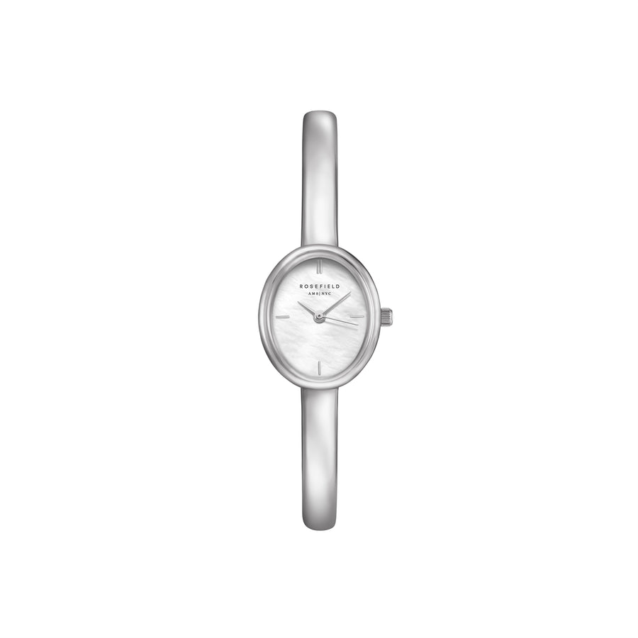 Rosefield Studio Bangle STWSSS-ST07 dameur med perlemorsskive, sølvfarvet stållænke, Miyota urværk, mineralglas og 3 ATM vandtæthed.
