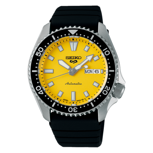 Seiko 5 Sports SRPL87 SKX series automatic herreur med kaliber 4R36, silikonerem, dag/dato, buet Hardlex og 10 bar vandtæthed.