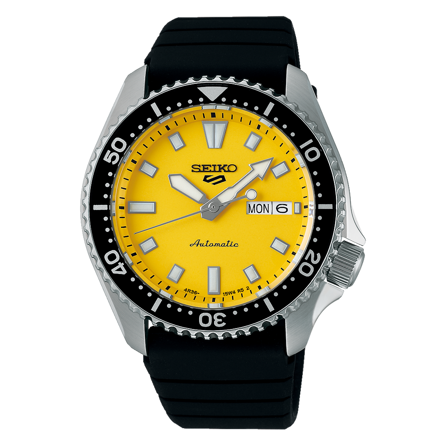 Seiko 5 Sports SRPL87 SKX series automatic herreur med kaliber 4R36, silikonerem, dag/dato, buet Hardlex og 10 bar vandtæthed.