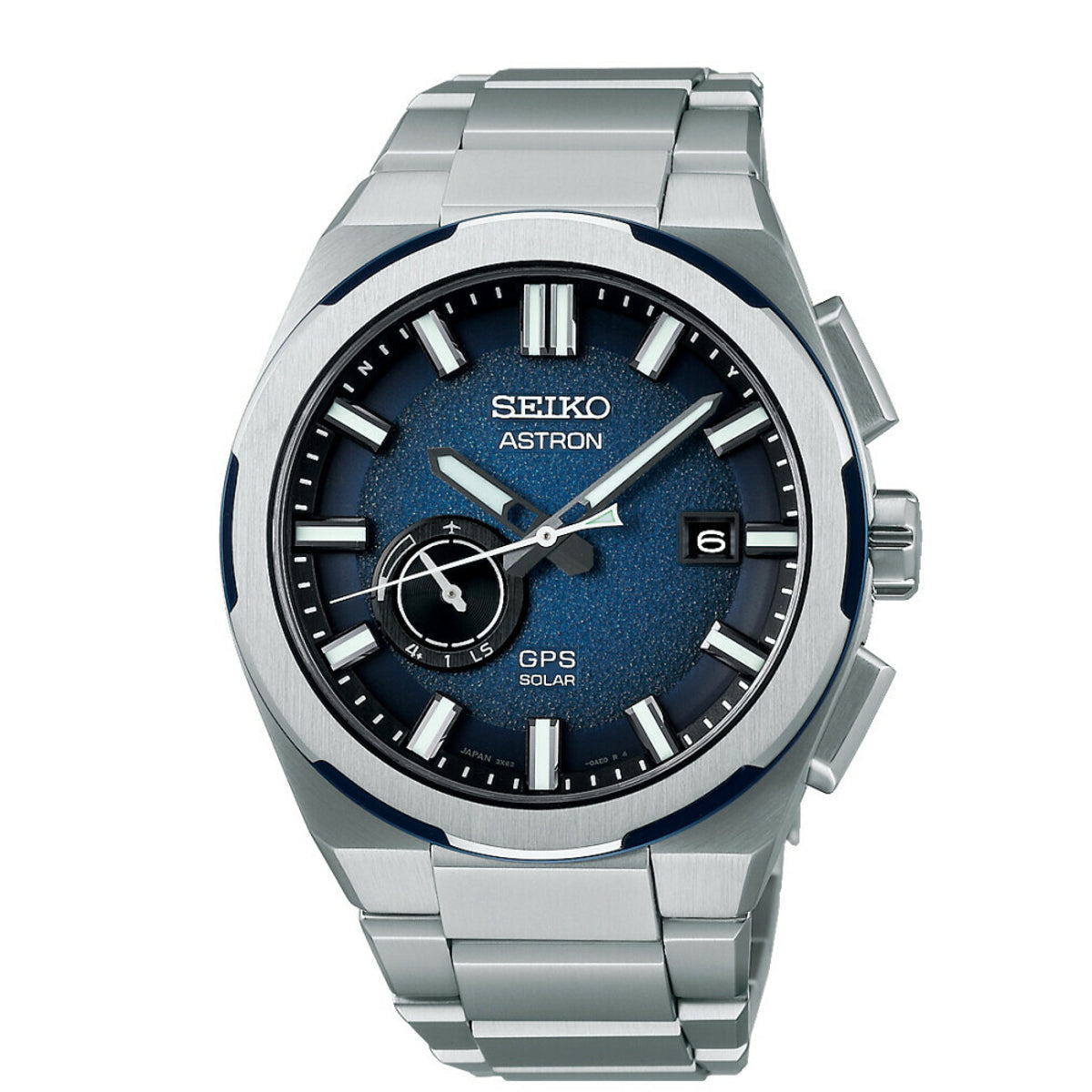 Seiko Astron SSJ023J1 GPS Solar i titanium med blå urskive set forfra