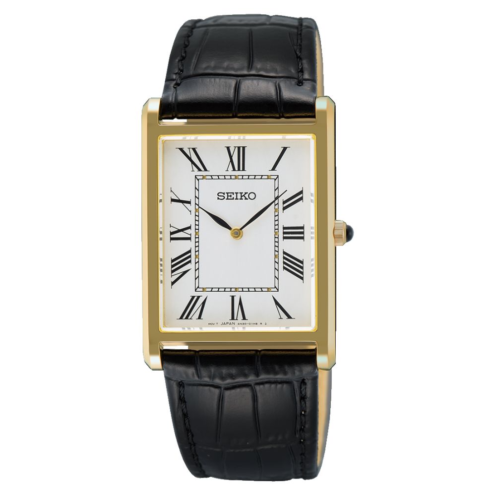 Seiko Classic SWR104P1 herreur med rektangulær guldfarvet stålkasse, hvid skive med romertal, safirglas og sort læderrem.