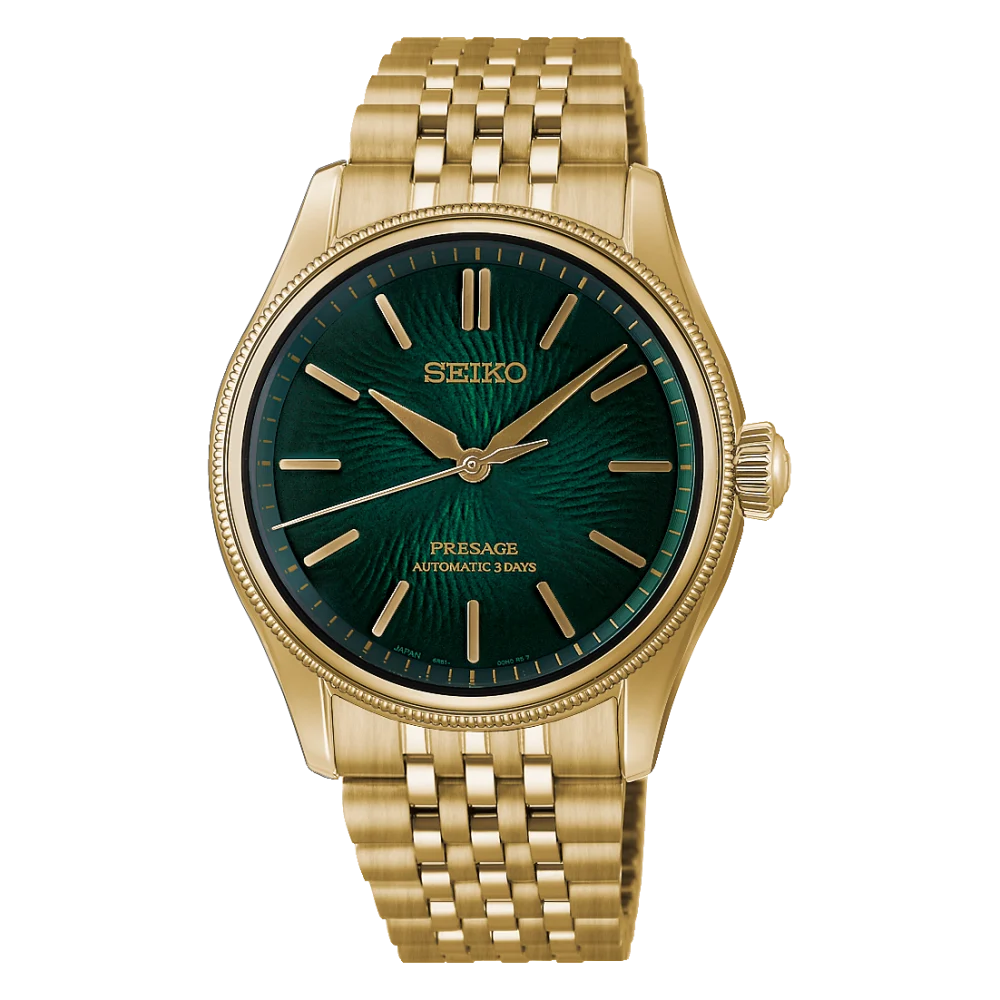 Seiko Presage HCC009J1 automatisk herreur med grøn urskive og guldfarvet lænke