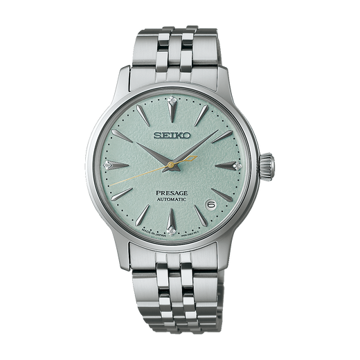 Seiko Presage SRPL63J1 Cocktail Time Frozen Mojito med lysegrøn struktureret urskive, diamantindeks, automatisk 4R35 og stållænke.