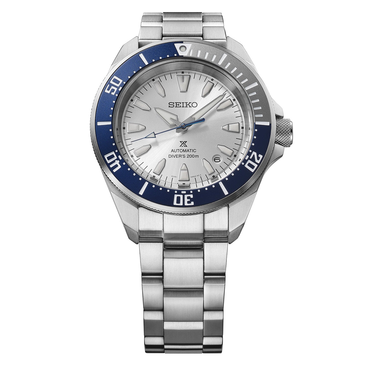Seiko Prospex Automatik Limited HBB001K1 set fra vinkel med stållænke, sølvskive, blå viserdetaljer og 20 bar vandtæthed.