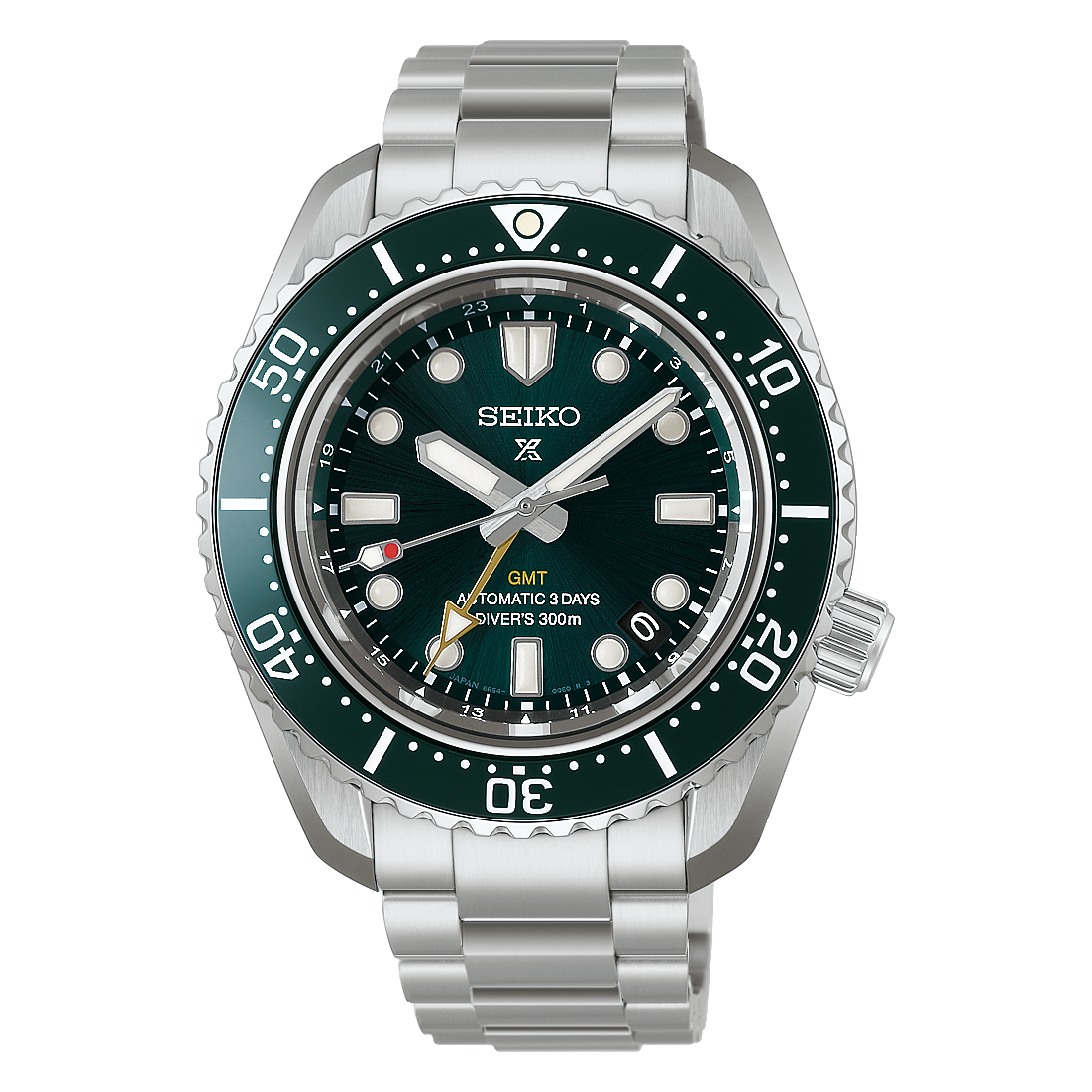 Seiko Prospex HBC001J1 1968 Heritage Diver’s GMT med automatisk kaliber 6R54, safirglas, keramisk krans, stållænke og 300 meter vandtæthed.