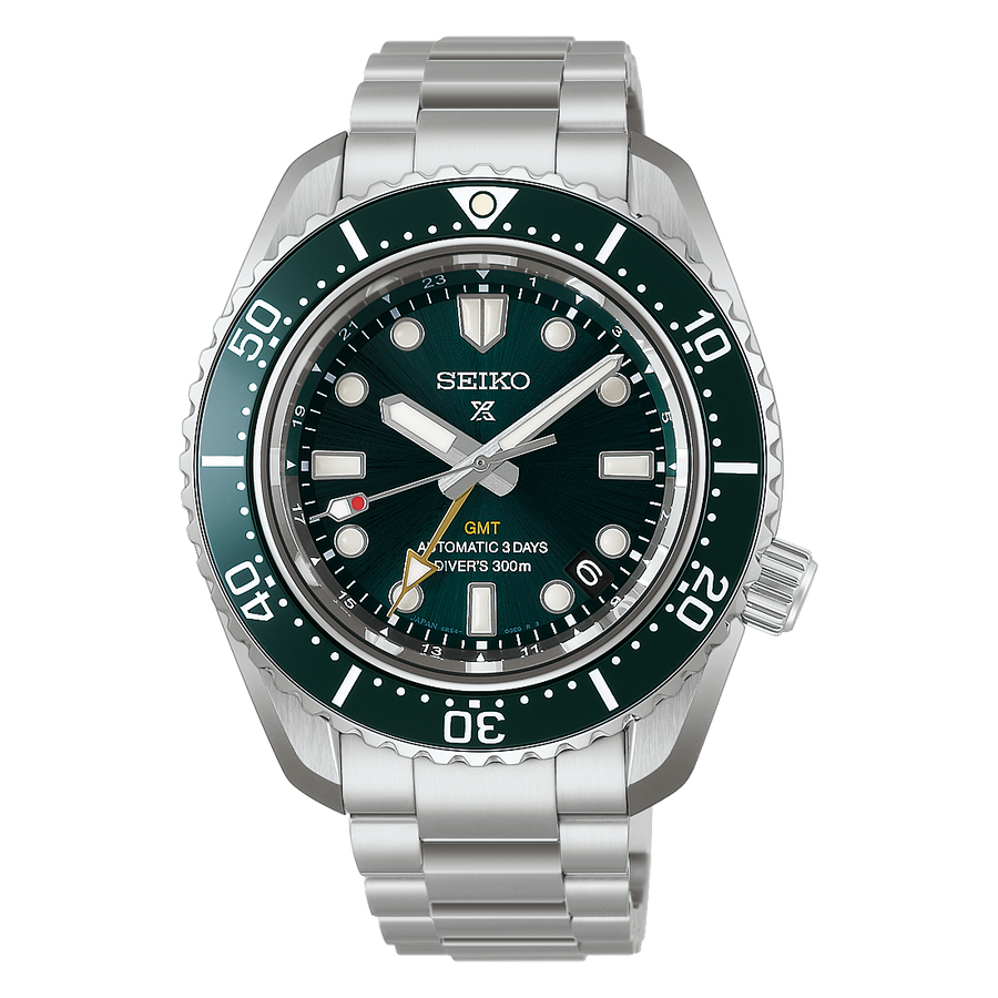 Seiko Prospex HBC001J1 1968 Heritage Diver’s GMT med automatisk kaliber 6R54, safirglas, keramisk krans, stållænke og 300 meter vandtæthed.