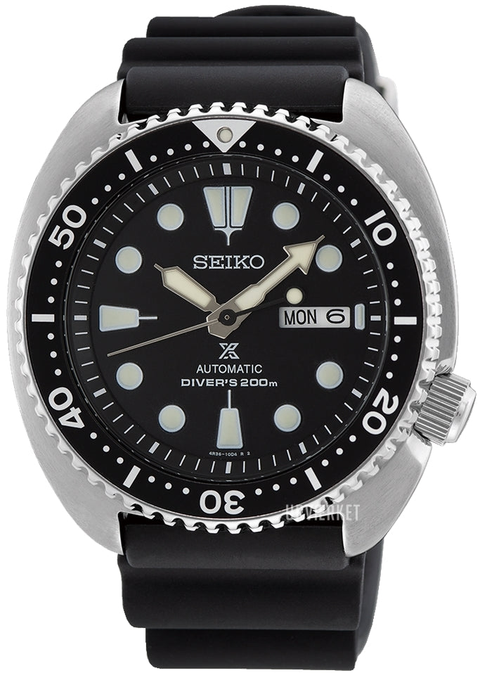 Seiko Prospex SRPE93K1 automatisk dykkerur med sort urskive og silikonerem