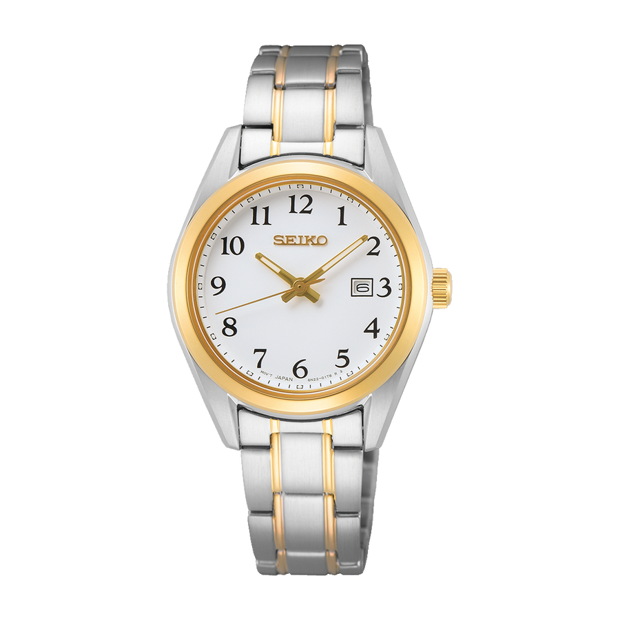 Seiko SUR466P1 dameur med quartz kaliber 6N22, safirglas, rustfri stålkasse, stållænke, LumiBrite og 10 bar vandtæthed.