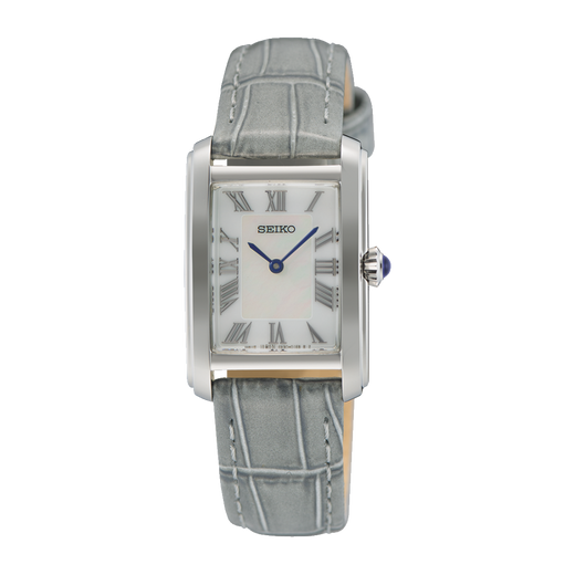 Seiko SWR099P1 dameur med perlemorsskive, romertal og lysegrå læderrem