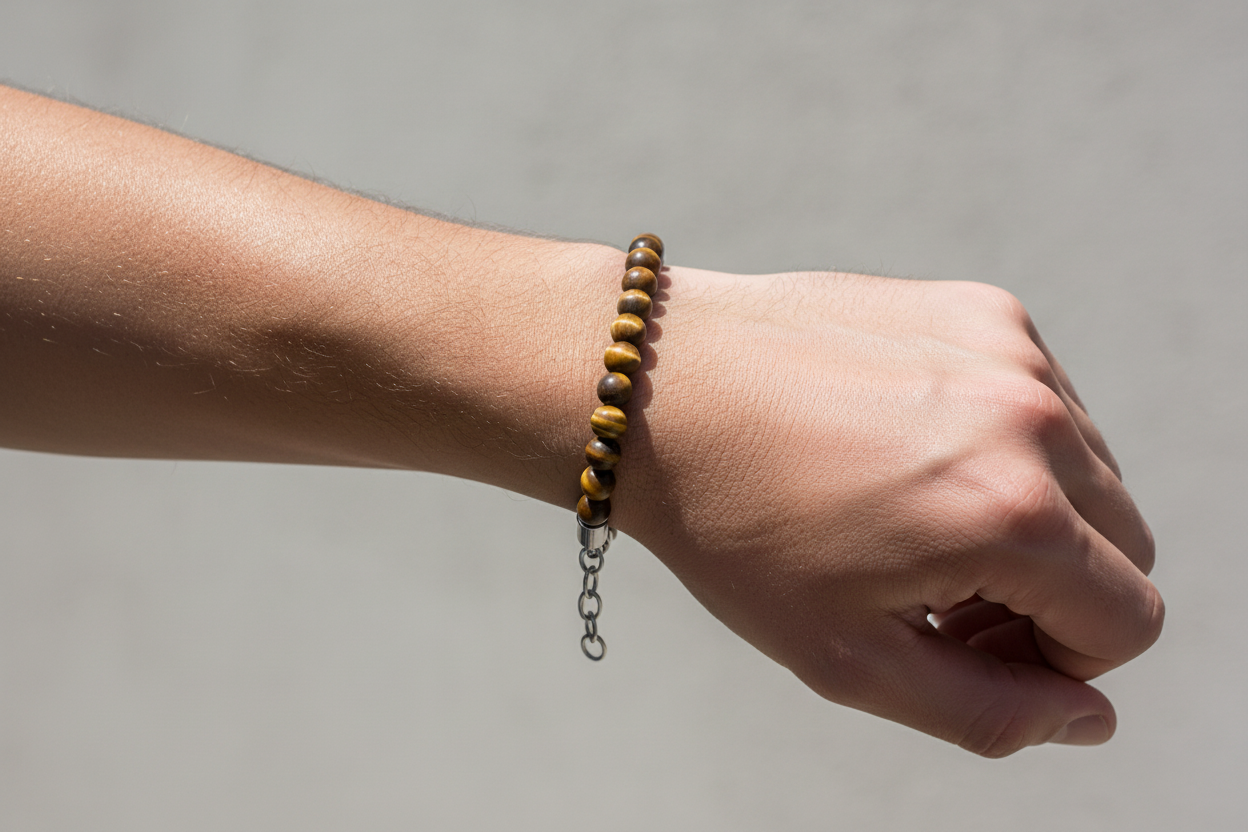SON armbånd yellow tiger eye og stål på mandlig model