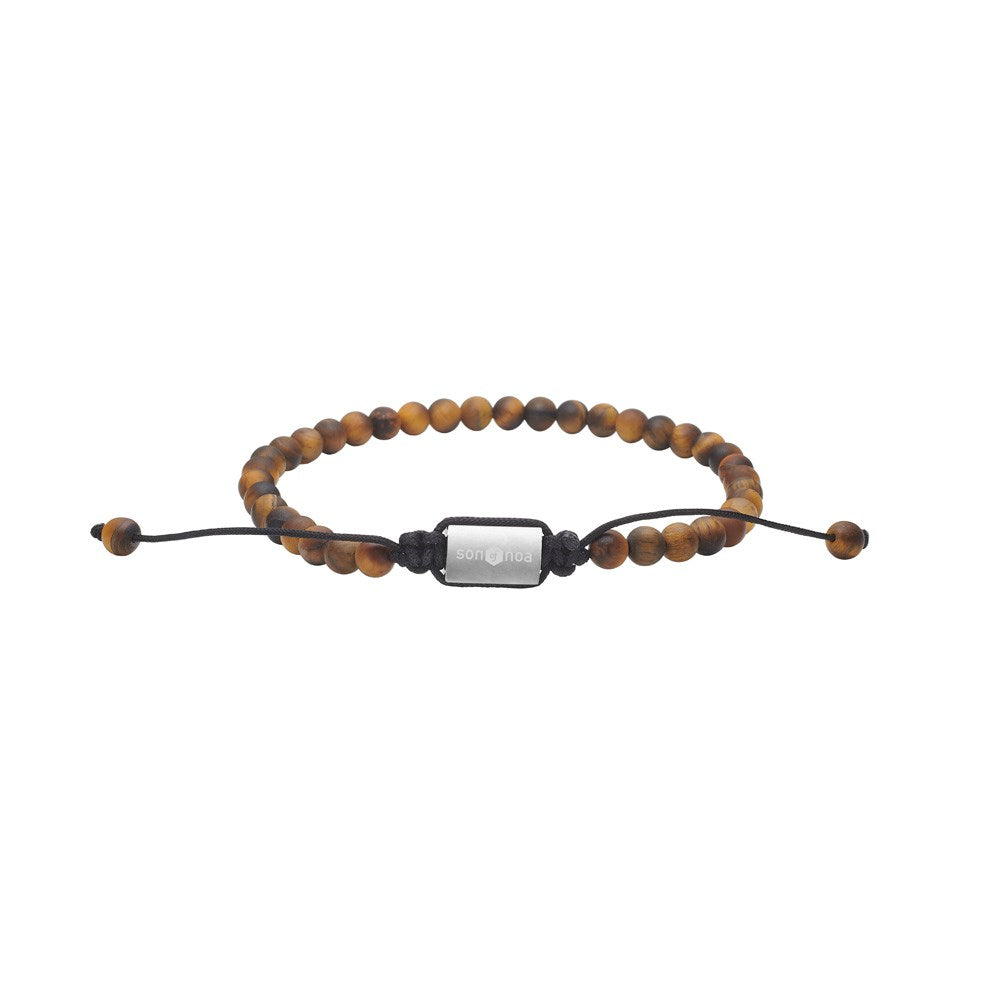SON of NOA herrearmbånd med ægte mat gul tigerøje i 4 mm sten, varme gyldne og brunlige naturfarver, justerbar nylonlukning og længde fra 19 til 25 cm. Et slankt, maskulint stenarmbånd med naturlig variation.