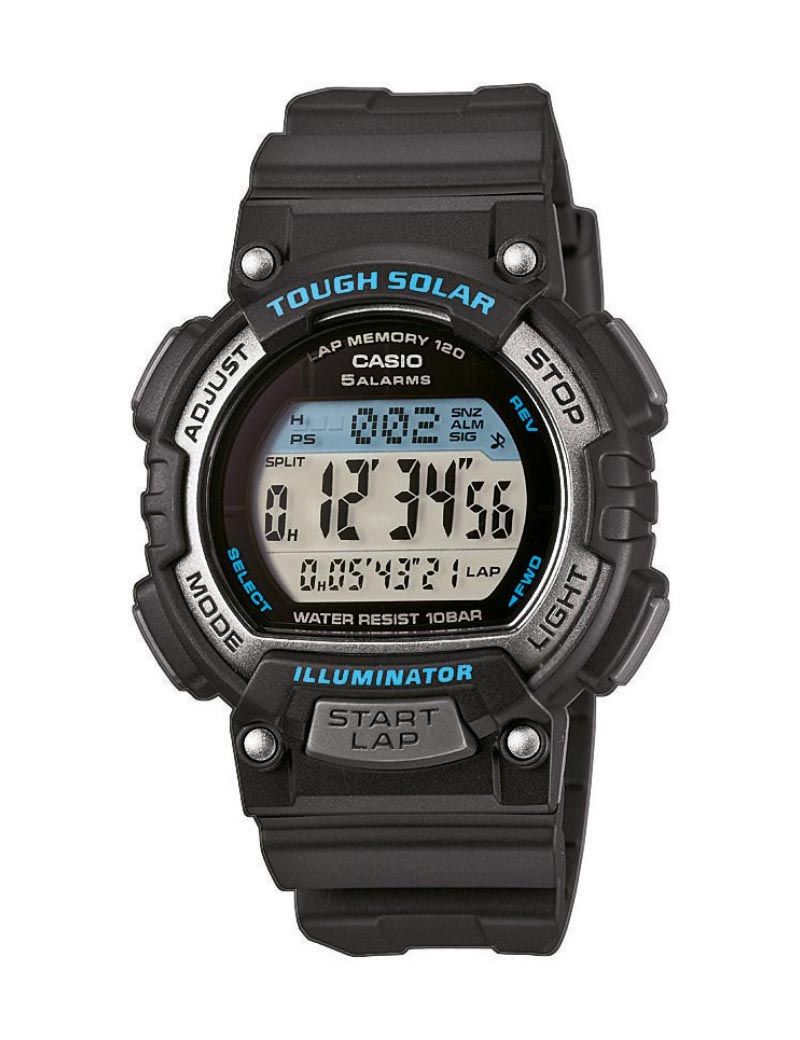 Casio STL-S300H-1AEF digitalur med solcelledrift, sort resinrem, 120-lap memory, 5 alarmer, illuminator og 10 bar vandtæthed. Robust sportsdesign.