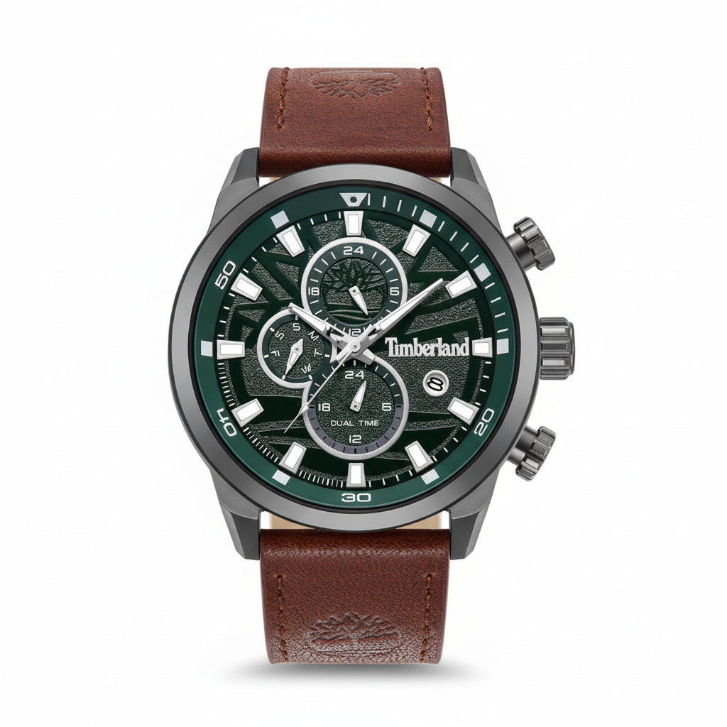 Herreur Timberland TDWGF0055601 Henniker II med grøn skive, sort kasse og brun læderrem vist forfra