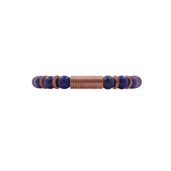 ZEEZEN perlearmbånd med 8 mm facetteret lapis, poleret kobber spirallås og længde på 20 cm på hvid baggrund.