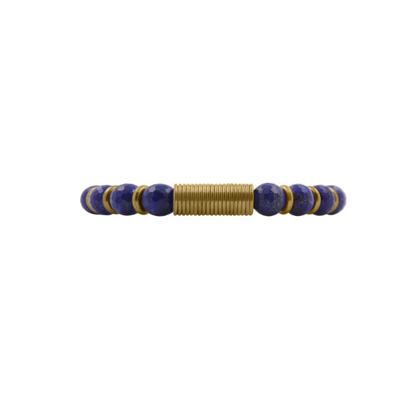 ZEEZEN perlearmbånd med 8 mm facetteret lapis, poleret messing spirallås og blå stenperler på hvid baggrund.