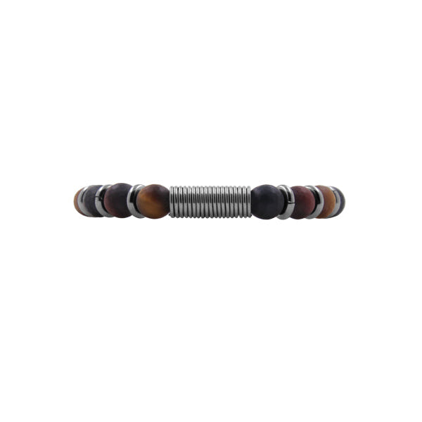 ZEEZEN perlearmbånd med 8 mm facetteret tigerøje, poleret spirallås og varme brune naturtoner på hvid baggrund.