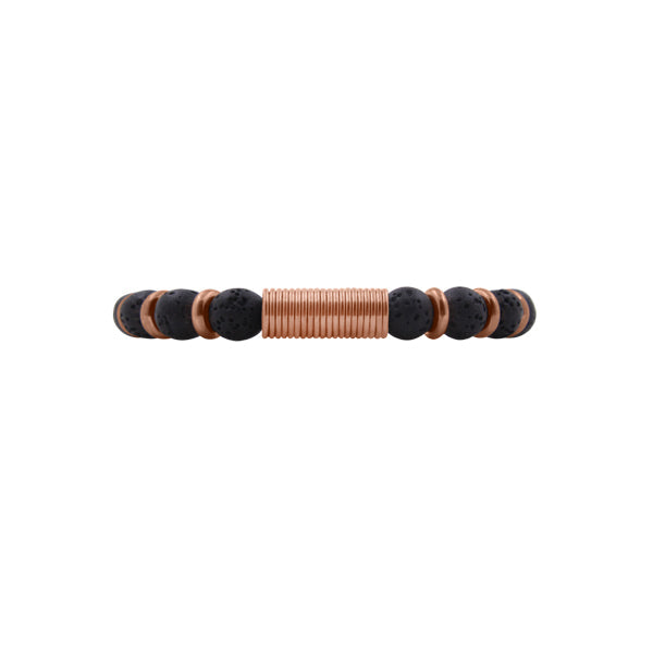 ZEEZEN perlearmbånd med 8 mm sorte lavaperler, poleret bronze spirallås og råt moderne udtryk på hvid baggrund.