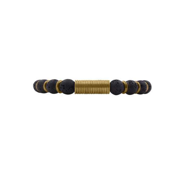 ZEEZEN perlearmbånd med 8 mm sorte lavaperler, poleret messing spirallås og råt moderne udtryk på hvid baggrund.