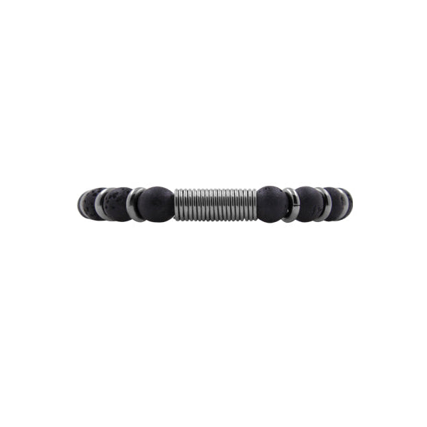 ZEEZEN perlearmbånd med 8 mm sorte lavaperler, poleret spirallås og råt moderne udtryk på hvid baggrund.