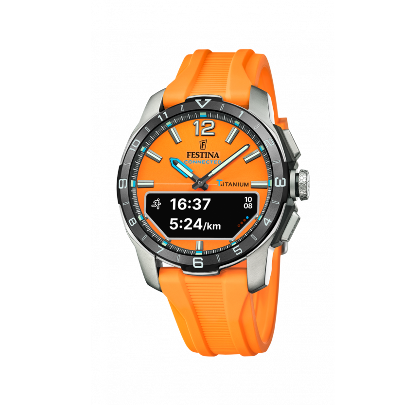 Festina herreur med orange skive, sølvfarvede visere og smart-funktion, samt orange gummirem, set fra en let skrå vinkel.